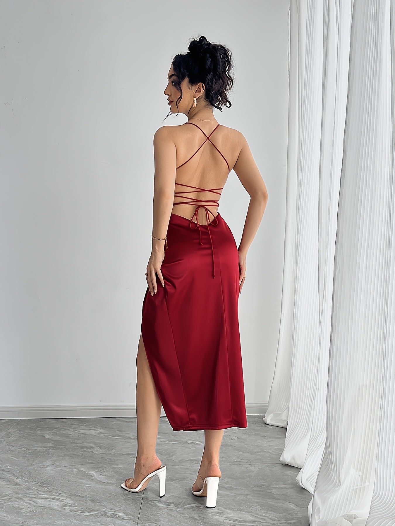 Elegant Backless Twist Knot Cross Strap Split Thigh Evening Dress, Polyester with Elastane, Machine Washable - All Seasons, Party Dress